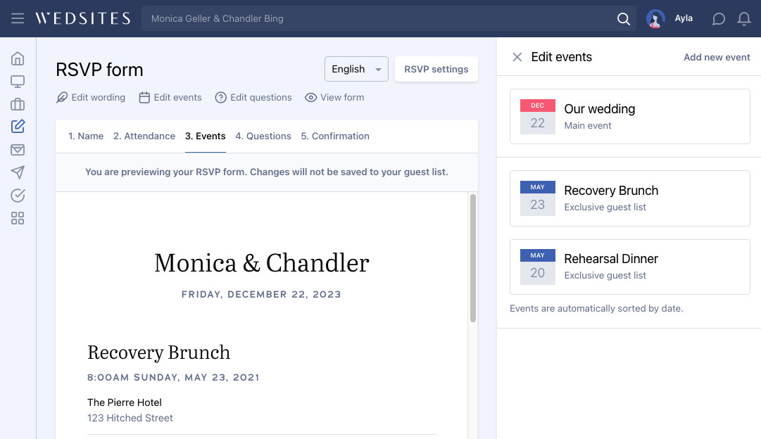wedsites online wedding planner rsvp form with multiple events
