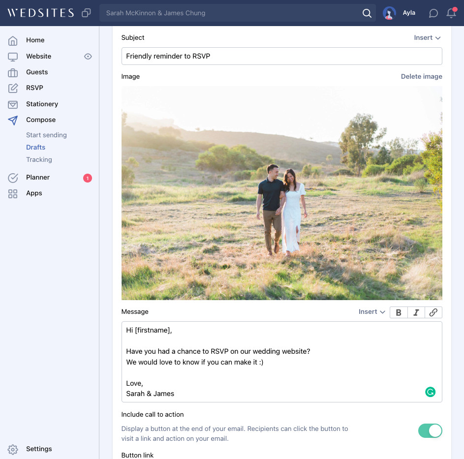 wedsites online wedding planner rsvp reminder email notification